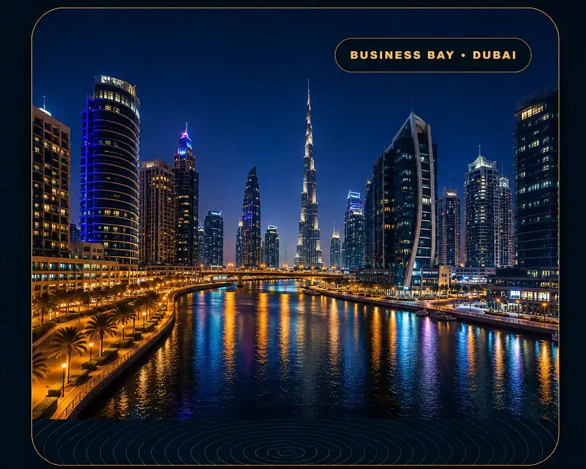 Business Bay Escorts canal and Dubai skyline at night