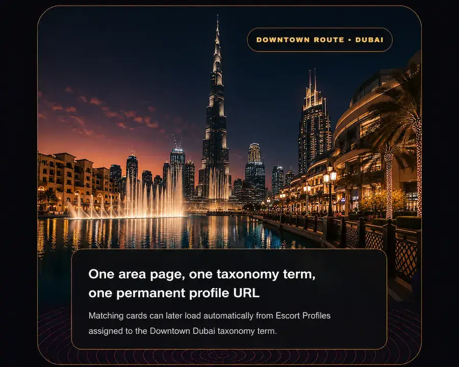 Downtown Dubai Escorts skyline with Burj Khalifa, Dubai Fountain and illuminated city towers