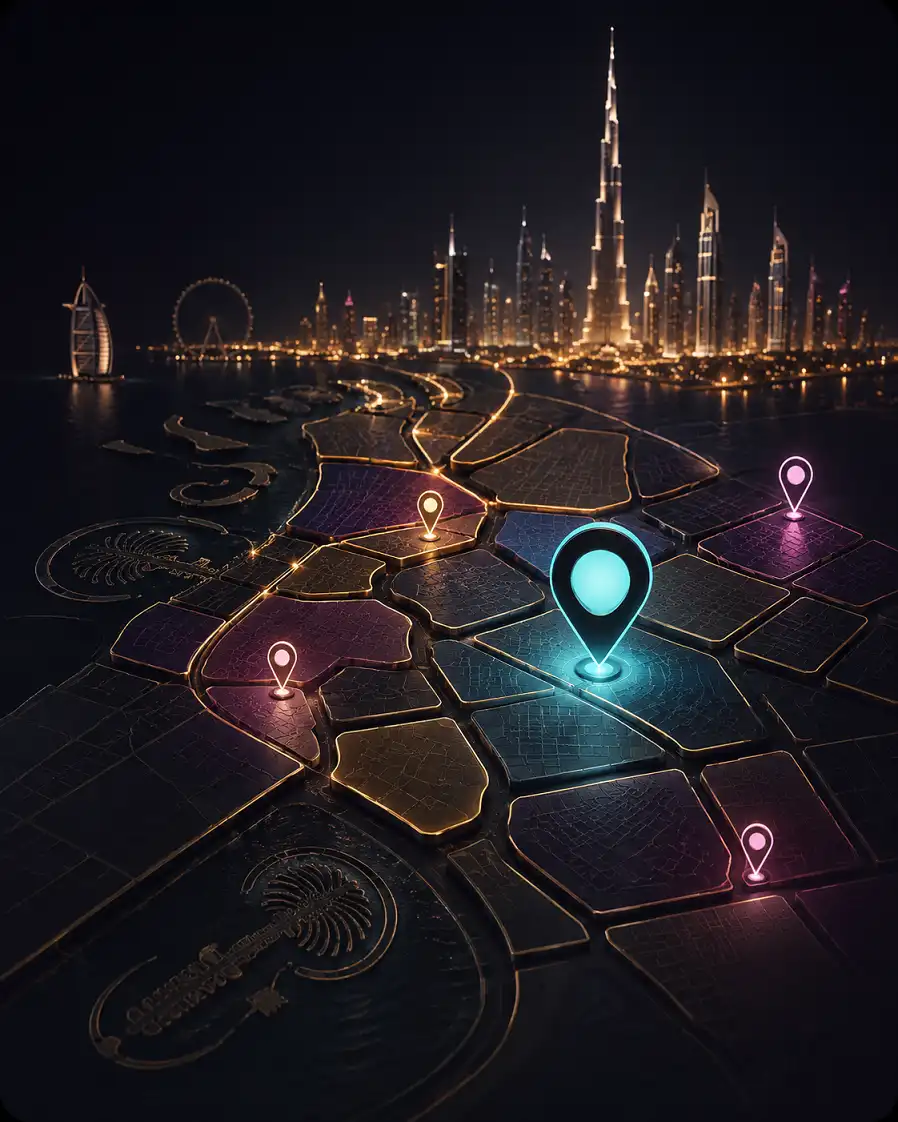Dubai Escort Areas map with glowing location pins and Dubai skyline