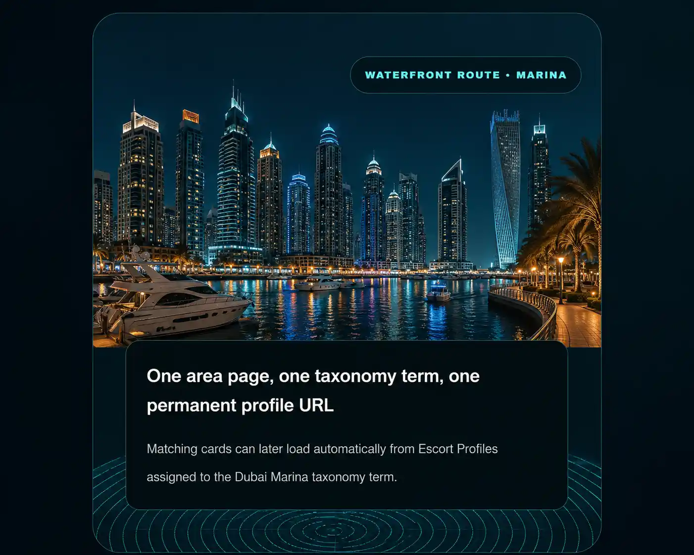 Dubai Marina Escorts waterfront skyline with luxury yachts and illuminated towers