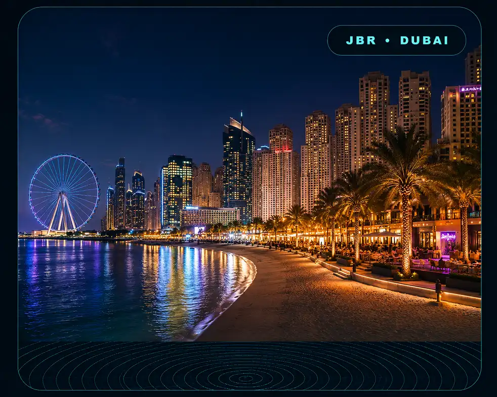 JBR Escorts beachfront skyline with Ain Dubai, illuminated towers and waterfront promenade