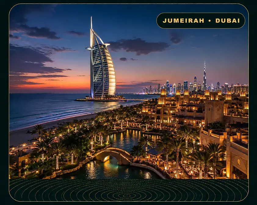 Jumeirah Escorts coastal view with Burj Al Arab, illuminated resort villas and Dubai skyline