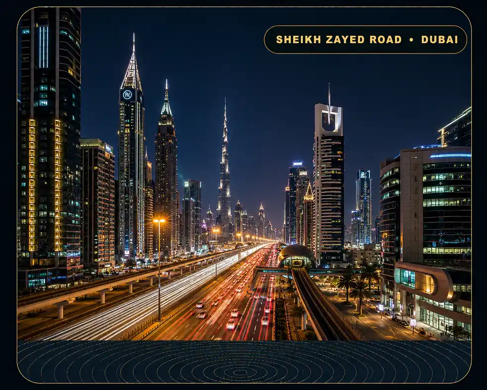 Sheikh Zayed Road Escorts Dubai Skyline Night View Sheikh Zayed Road Escorts night view with Dubai skyscrapers, traffic light trails, metro station and Burj Khalifa