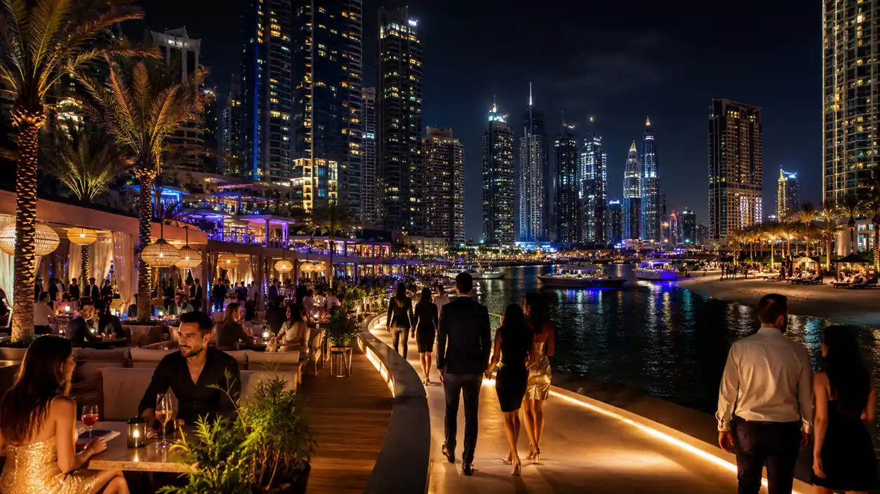 Dubai Marina and JBR Nightlife Dubai Marina and JBR nightlife area at night